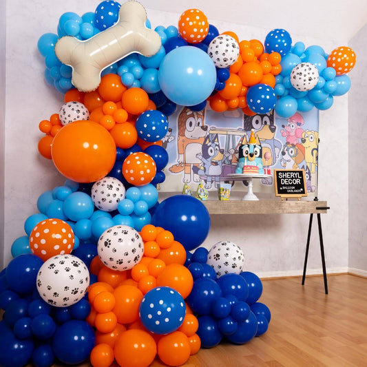 ALL-in-1 Bluey Balloons Arch & Garland Kit with BONUS Dog Bone – Small and Large Bluey Birthday Party Balloons in Blue and Orange – Bluey Themed