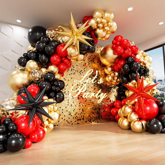 FOTIOMRG "Sparkling Red, Black, and Gold Balloon Arch kit with Starburst Accents