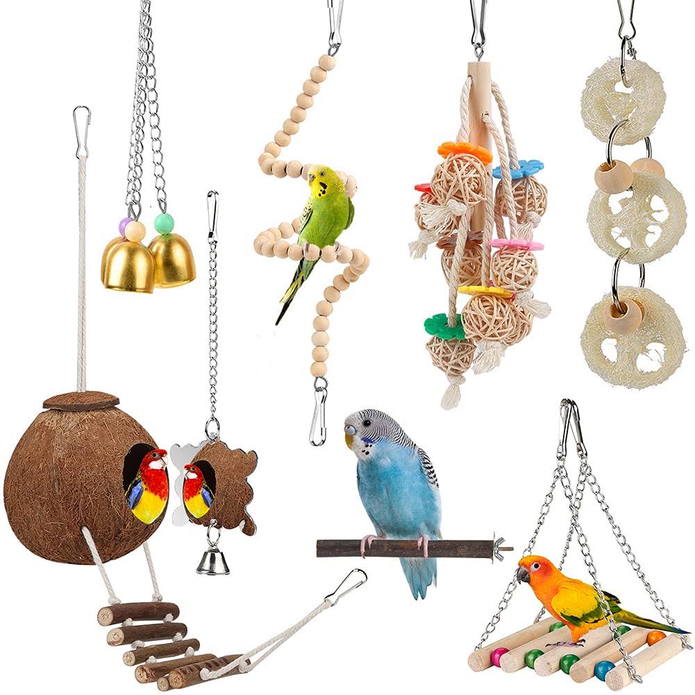 Toys for Bird Parakeet Toy Bird Perch Bird Cage Hammock Coconut Hideaway with Ladder Hanging Bell Swing Chewing Hanging Toy for Parakeet,Conure