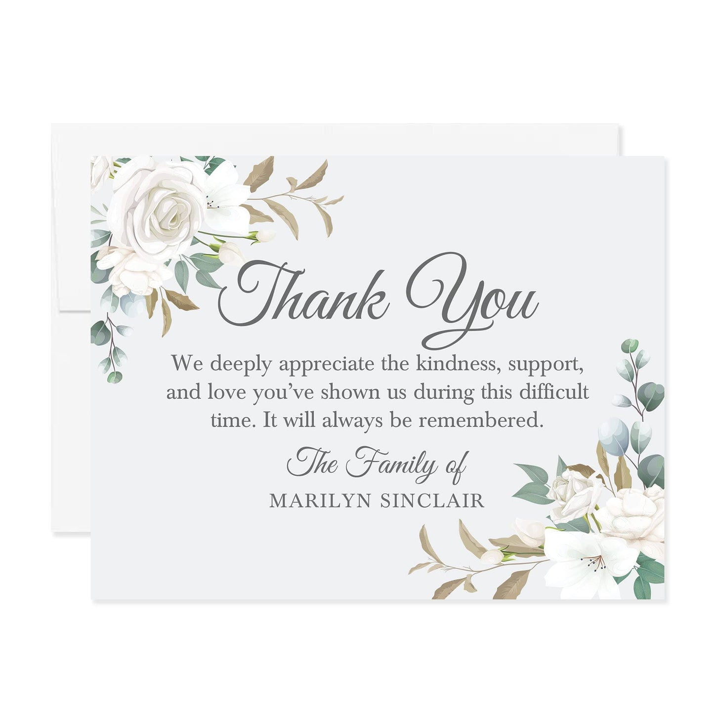 Hello Love Goods White Floral Sympathy Thank You Cards, Funeral Thank You Cards, Personalized Bereavement Notes with Envelopes, 5.5x4.25 Flat